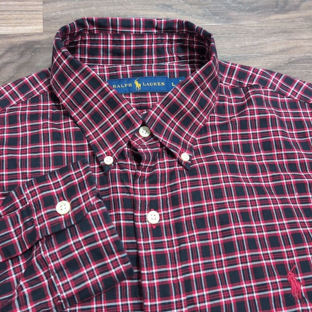 Ralph Lauren Men's Large Red Black White Check Cotton Soft Casual Shirt Plaid